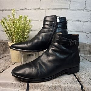 J. JILL BLACK LEATHER WOMENS ANKLE BOOTS SIDE ZIP ROUND TOE BUCKLE 9.5